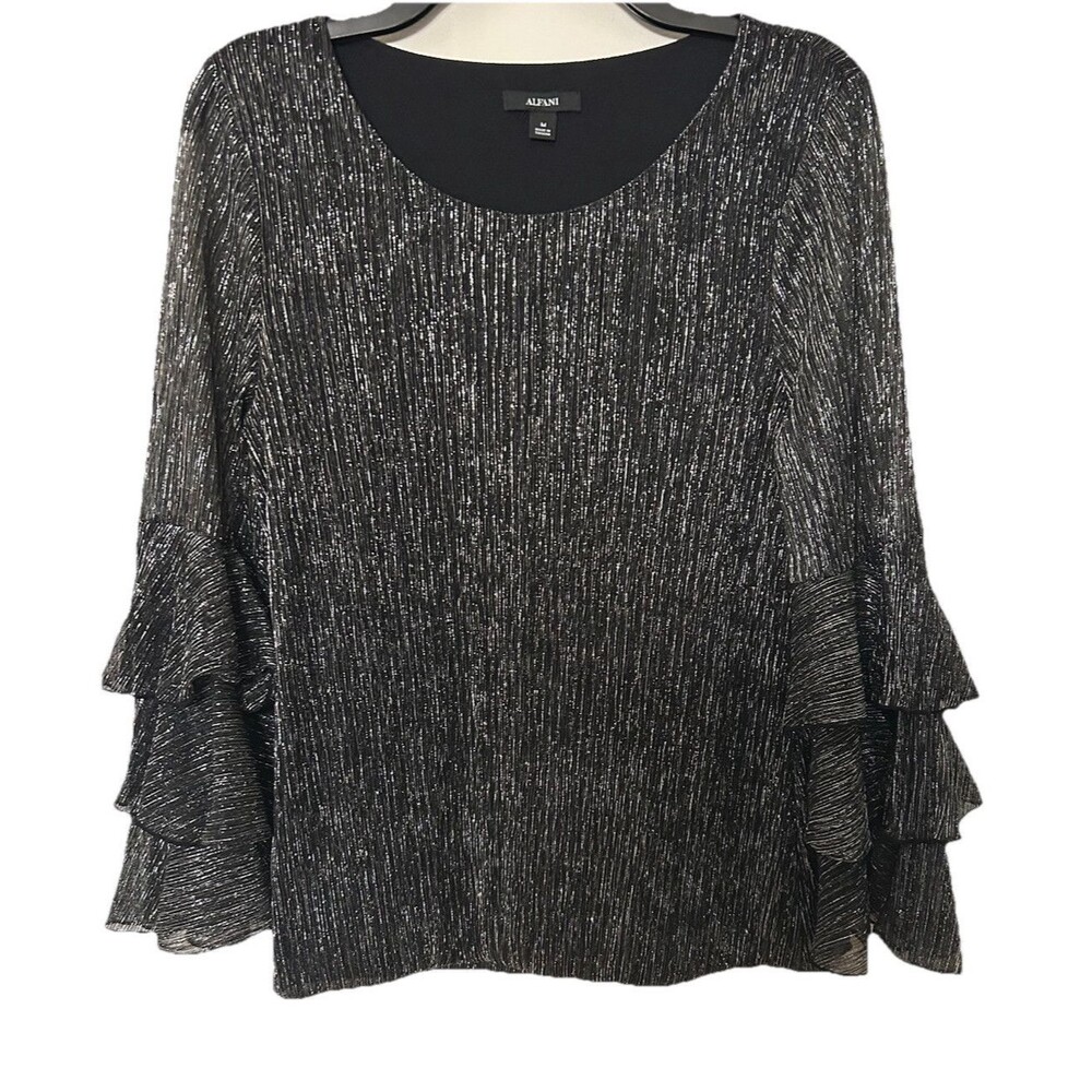 Alfani Black With Silver Accents Ruffle Tiered Sleeves NWT Size M
